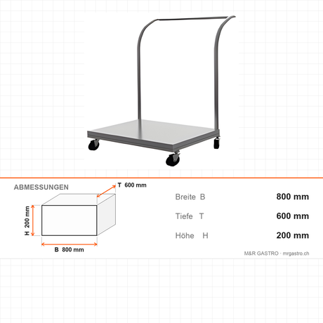 Plattformwagen Edelstahl, robust, 800×600×200 mm, mit Rollen – Abmessungen