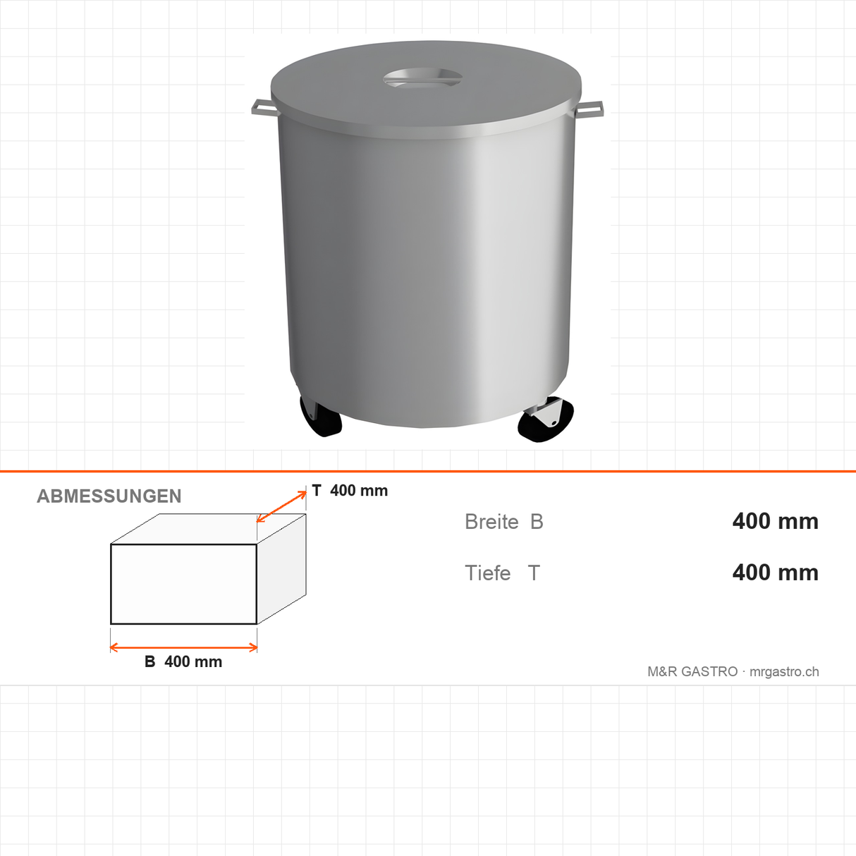 Abfallwagen rund, mobil, 400×400 mm, mit Rollen – Abmessungen
