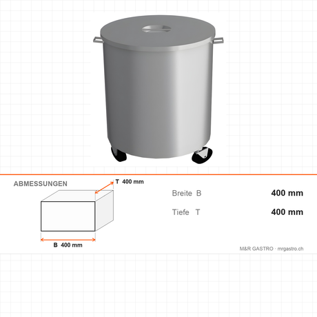 Abfallwagen rund, mobil, 400×400 mm, mit Rollen – Abmessungen