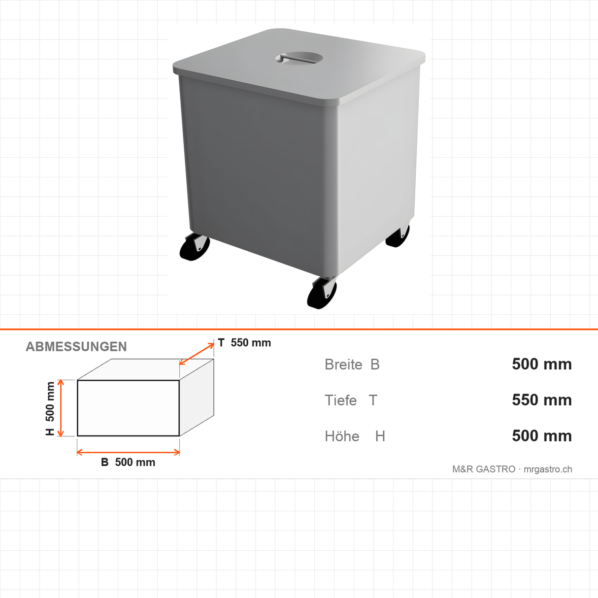 Abfallwagen quadratisch, mobil, 500×550×500 mm, mit Rollen – Abmessungen