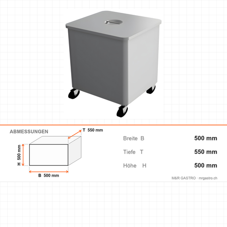 Abfallwagen quadratisch, mobil, 500×550×500 mm, mit Rollen – Abmessungen