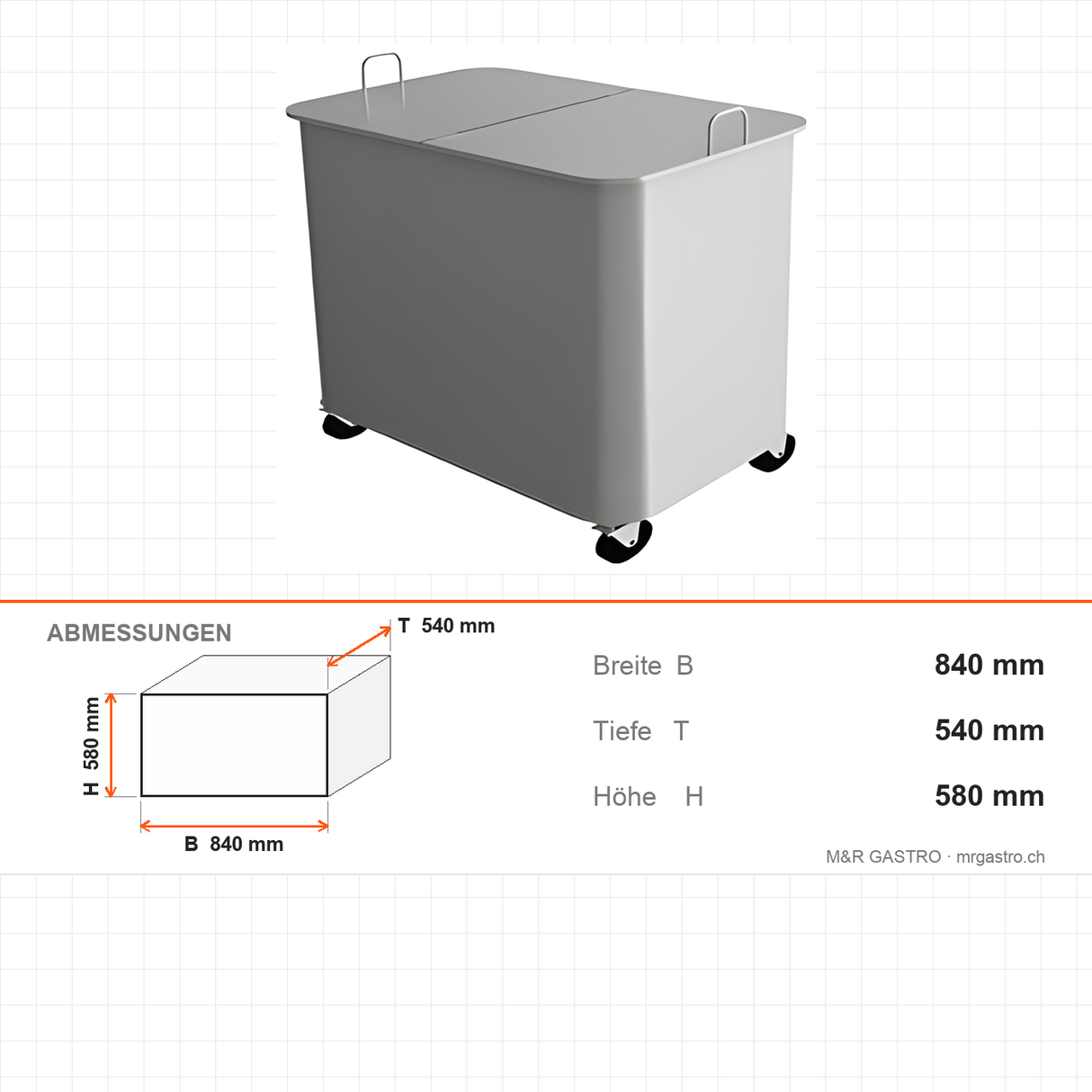 Abfallwagen mit Doppeldeckel, mobil, 840×540×580 mm, mit Rollen – Abmessungen