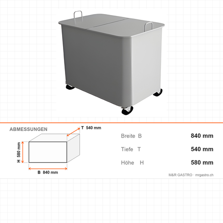 Abfallwagen mit Doppeldeckel, mobil, 840×540×580 mm, mit Rollen – Abmessungen