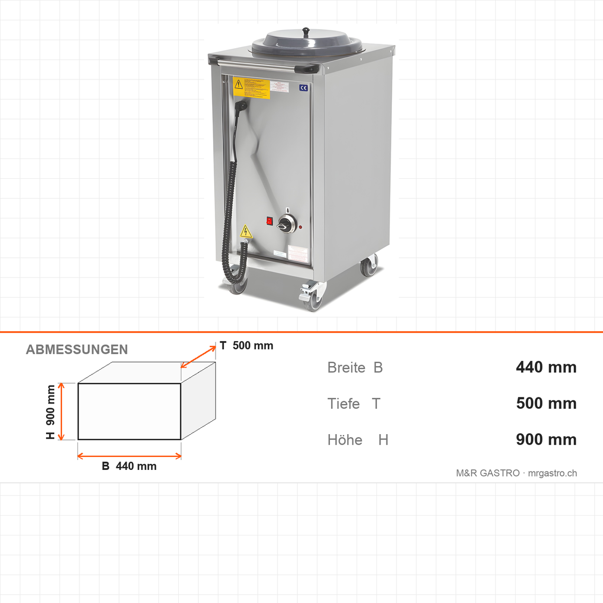 Tellerspender neutral, Edelstahl, einzeln, 18/26 Teller, 440×500×900 mm – Abmessungen