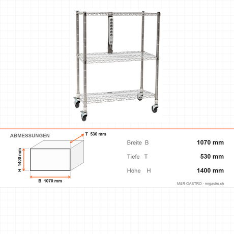 Transportgestell, 0,80 m³ Volumen, 1070×530×1400 mm, mit Rollen – Abmessungen