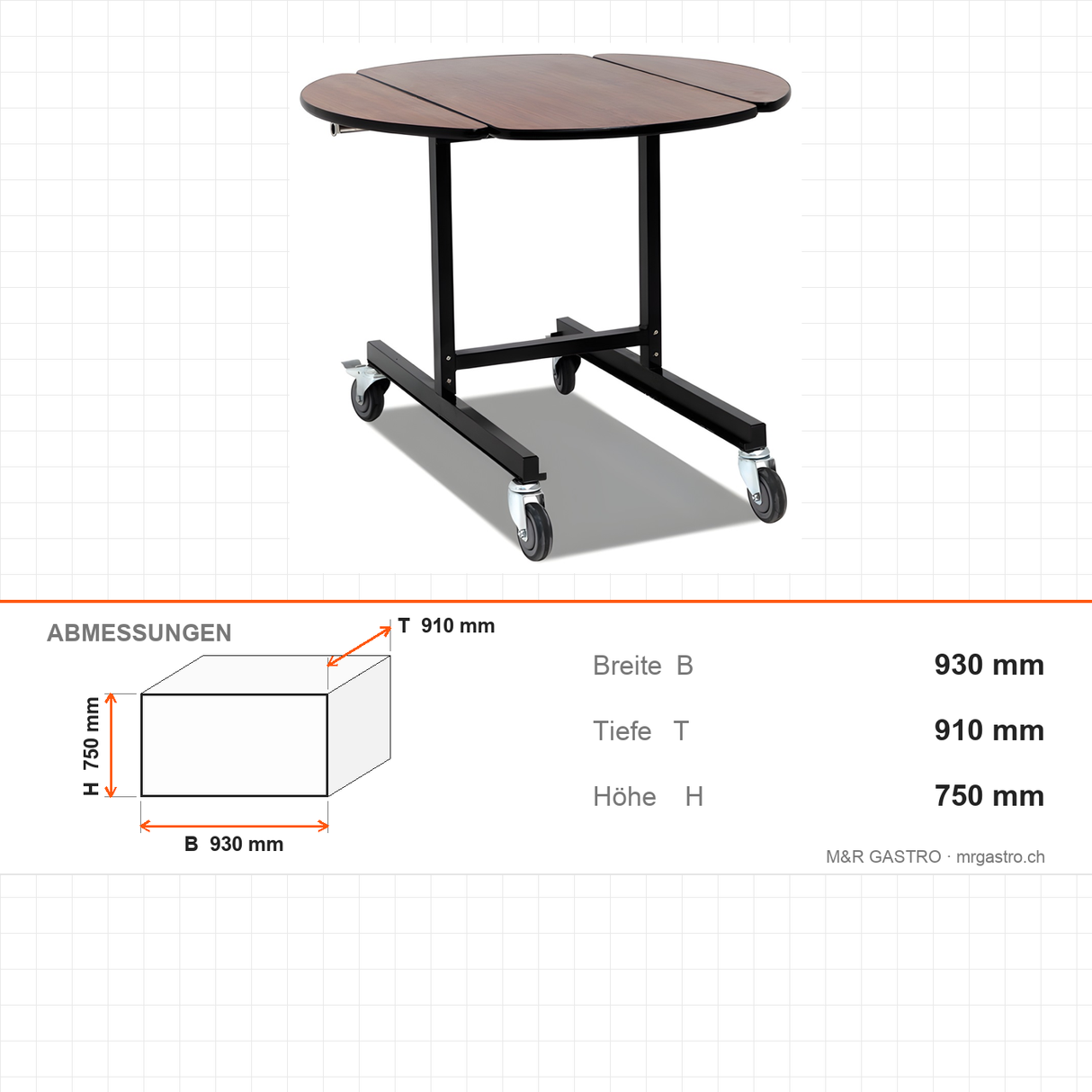 Room-Service-Wagen klappbar, 0,64 m³ Volumen, 930×910×750 mm, mit Rollen – Abmessungen