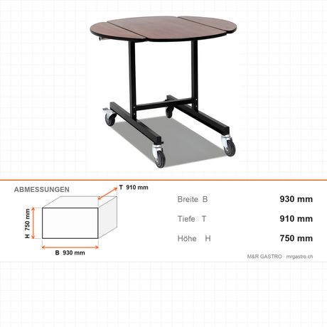 Room-Service-Wagen klappbar, 0,64 m³ Volumen, 930×910×750 mm, mit Rollen – Abmessungen