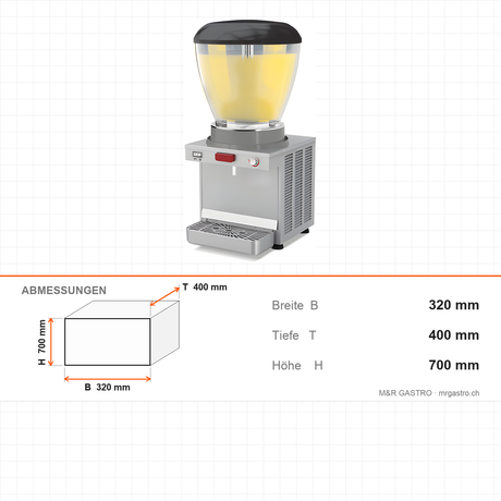 Saftkühler, 19 L, Ayran und Saft, Oberflächenkühlung +3/+10 °C, Einhand-Zapfsystem, 320×400×700 mm – Abmessungen