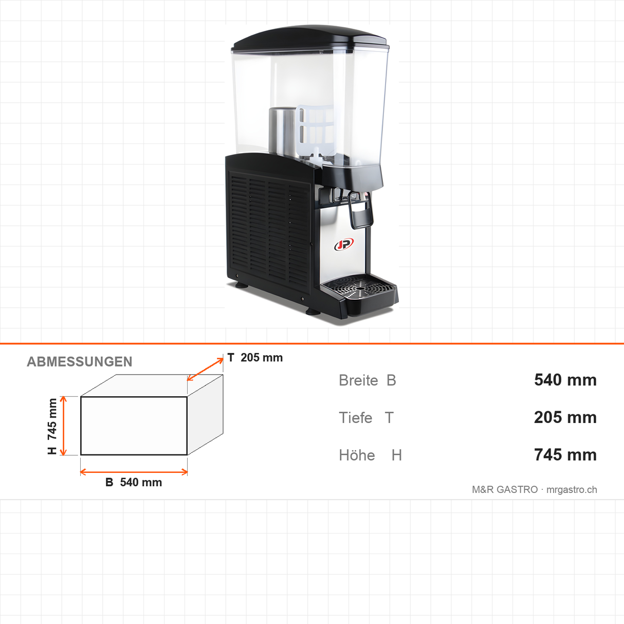 Saftkühler, 20 L, mit Kühlung 0/+3 °C, Polycarbonat-Kammer, Zapfhahn, 4,5 kW, 540×205×745 mm – Abmessungen