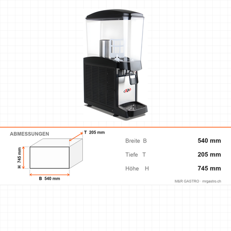 Saftkühler, 20 L, mit Kühlung 0/+3 °C, Polycarbonat-Kammer, Zapfhahn, 4,5 kW, 540×205×745 mm – Abmessungen