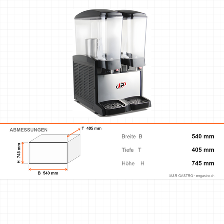 Saftkühler, mit Kühlung 0/+3 °C, Polycarbonat-Kammer, Zapfhahn, 5,7 kW, 540×405×745 mm – Abmessungen