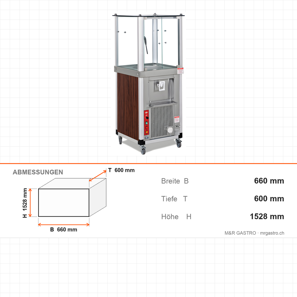 Ayranbereiter, 40 L, Holzdekor, schaumig oder schaumlos, Innenbeleuchtung, Ablassventil, 200 W, 660×600×1528 mm – Abmessungen