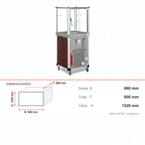 Ayranbereiter, 40 L, Holzdekor, schaumig oder schaumlos, Innenbeleuchtung, Ablassventil, 200 W, 660×600×1528 mm – Abmessungen