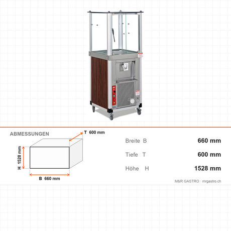 Ayranbereiter, 40 L, Holzdekor, schaumig oder schaumlos, Innenbeleuchtung, Ablassventil, 200 W, 660×600×1528 mm – Abmessungen