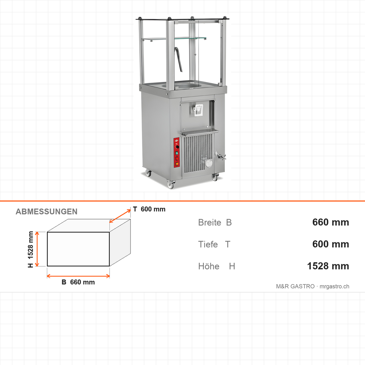 Ayranbereiter, 40 L, Edelstahl, schaumig oder schaumlos, Innenbeleuchtung, Ablassventil, 200 W, 660×600×1528 mm – Abmessungen