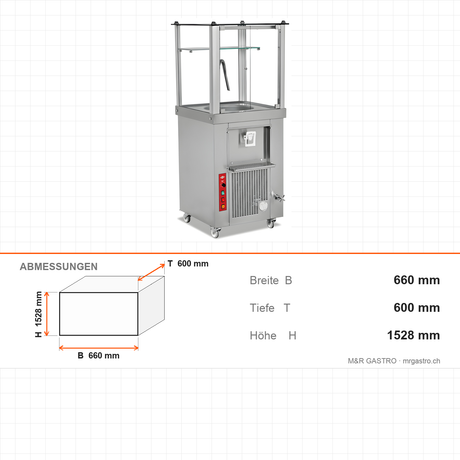 Ayranbereiter, 40 L, Edelstahl, schaumig oder schaumlos, Innenbeleuchtung, Ablassventil, 200 W, 660×600×1528 mm – Abmessungen