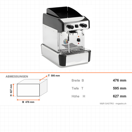 Espressomaschine, 1-gruppig, Doppel-Dampfarm, Extra-Warmwasserarm, 2,5 kW, 476×595×627 mm – Abmessungen