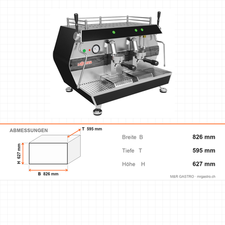Espressomaschine, 2-gruppig, Doppel-Dampfrohr, Extra-Warmwasserarm, 4,5 kW, 826×595×627 mm – Abmessungen