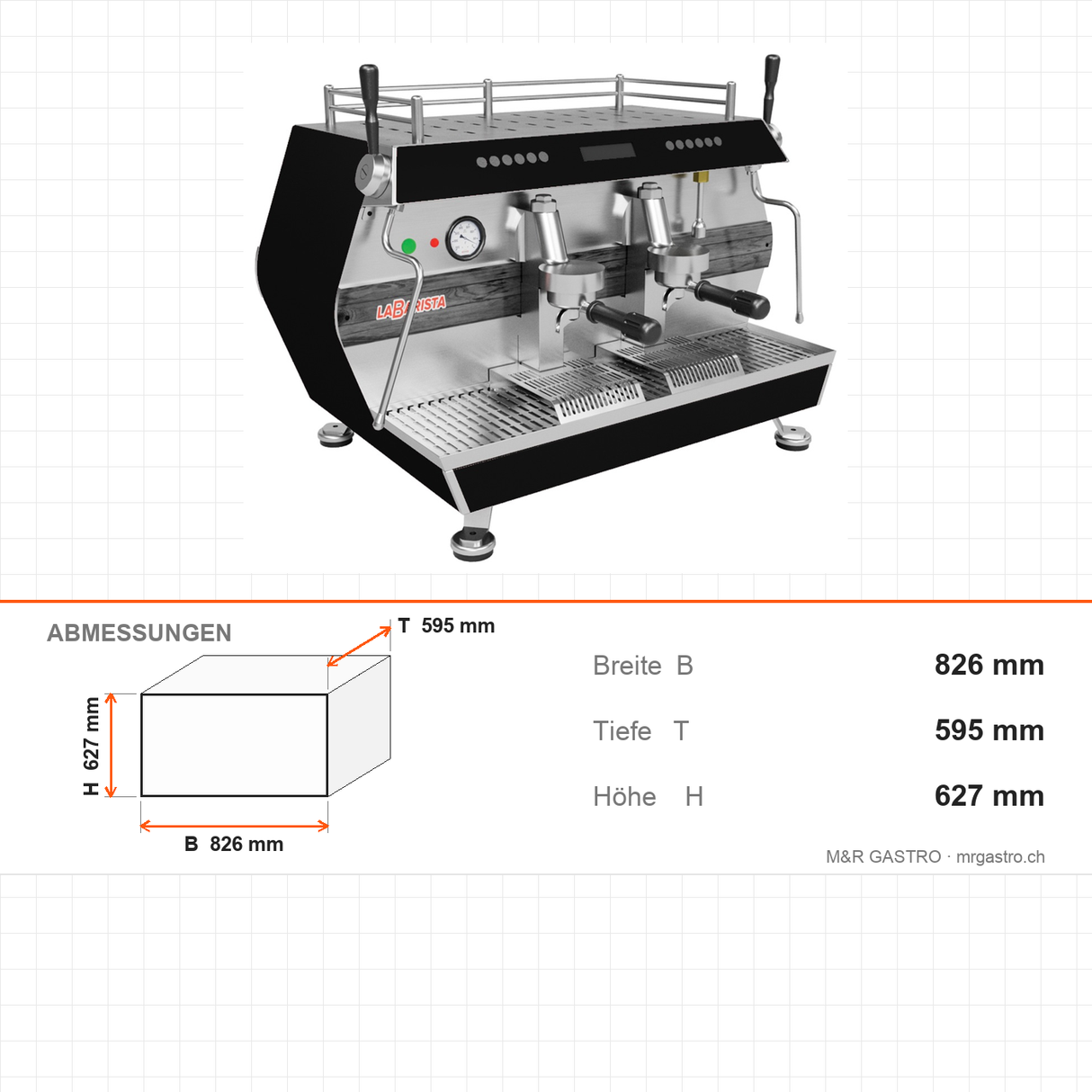 Espressomaschine, vollautomatisch, 2-gruppig, Doppel-Dampfarm, Extra-Warmwasserarm, Digital-Bedienfeld, 4,5 kW, 826×595×627 mm – Abmessungen