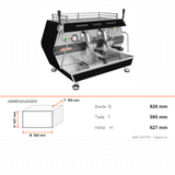 Espressomaschine, vollautomatisch, 2-gruppig, Doppel-Dampfarm, Extra-Warmwasserarm, Digital-Bedienfeld, 4,5 kW, 826×595×627 mm – Abmessungen