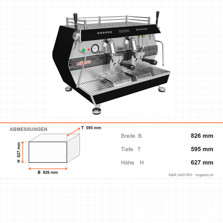 Espressomaschine, vollautomatisch, 2-gruppig, Doppel-Dampfarm, Extra-Warmwasserarm, Digital-Bedienfeld, 4,5 kW, 826×595×627 mm – Abmessungen