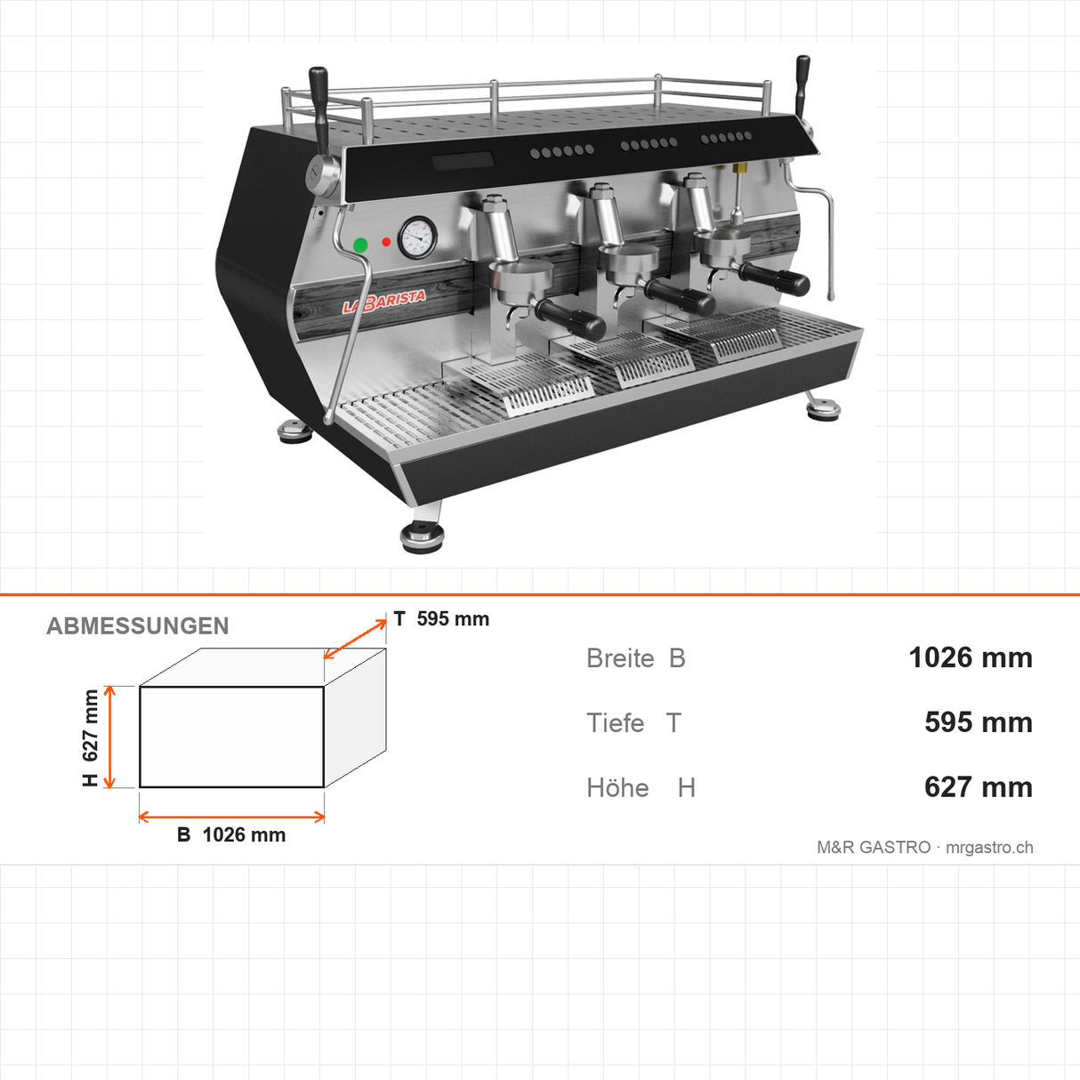 Espressomaschine, vollautomatisch, 3-gruppig, Doppel-Dampfarm, Extra-Warmwasserarm, Digital-Bedienfeld, 5 kW, 1026×595×627 mm – Abmessungen