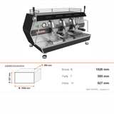 Espressomaschine, vollautomatisch, 3-gruppig, Doppel-Dampfarm, Extra-Warmwasserarm, Digital-Bedienfeld, 5 kW, 1026×595×627 mm – Abmessungen