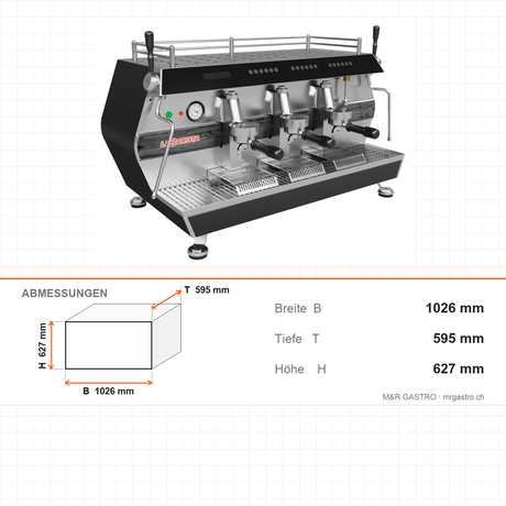 Espressomaschine, vollautomatisch, 3-gruppig, Doppel-Dampfarm, Extra-Warmwasserarm, Digital-Bedienfeld, 5 kW, 1026×595×627 mm – Abmessungen