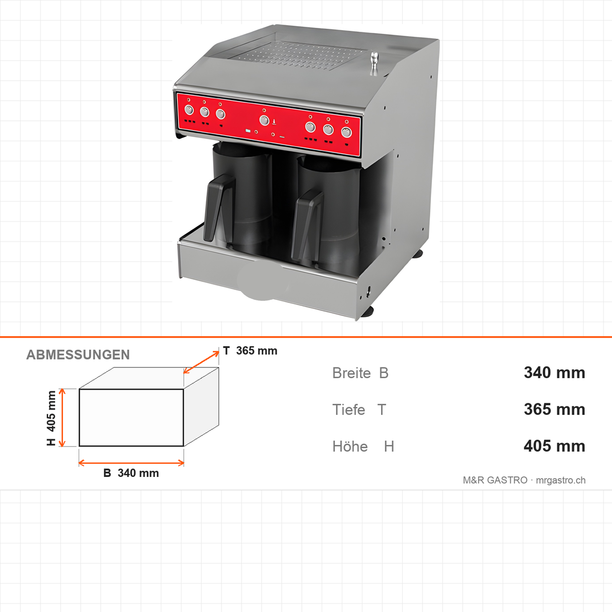 Türkische Kaffeemaschine, 2 Kannen, beheiztes 4-L-Tanksystem, Anti-Überlaufsensor, Trockengehschutz, 1,3 kW, 340×365×405 mm – Abmessungen