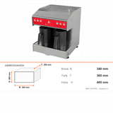 Türkische Kaffeemaschine, 2 Kannen, beheiztes 4-L-Tanksystem, Anti-Überlaufsensor, Trockengehschutz, 1,3 kW, 340×365×405 mm – Abmessungen