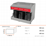 Türkische Kaffeemaschine, 3 Kannen, beheiztes 4-L-Tanksystem, Anti-Überlaufsensor, Trockengehschutz, 1,8 kW, 500×365×405 mm – Abmessungen