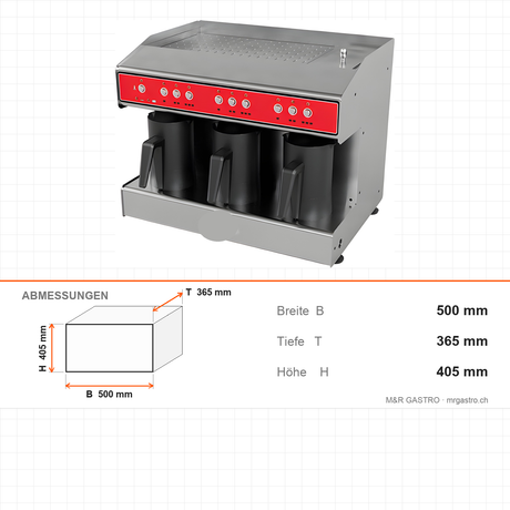 Türkische Kaffeemaschine, 3 Kannen, beheiztes 4-L-Tanksystem, Anti-Überlaufsensor, Trockengehschutz, 1,8 kW, 500×365×405 mm – Abmessungen