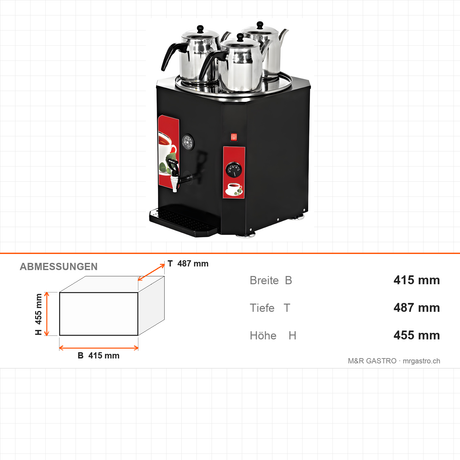 Teeautomat, 37 L, mit Kanne, Edelstahl-Innenbehälter, Thermostatsteuerung, 3,5 kW, 415×487×455 mm – Abmessungen