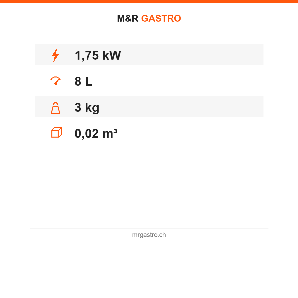 Heißwasserspender, 8 L, 80 Tassen, Edelstahl, Thermostatsteuerung, 1,75 kW, Ø 300×425 mm – Technische Daten