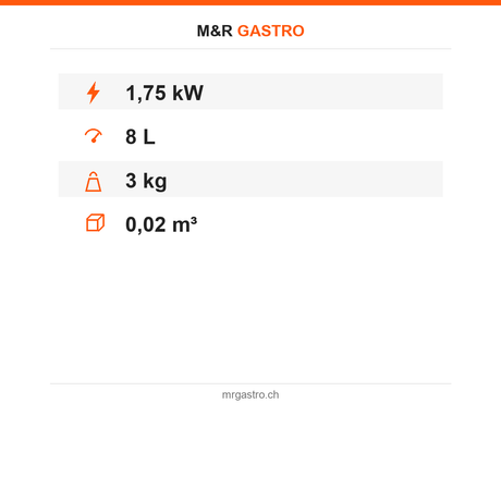 Heißwasserspender, 8 L, 80 Tassen, Edelstahl, Thermostatsteuerung, 1,75 kW, Ø 300×425 mm – Technische Daten