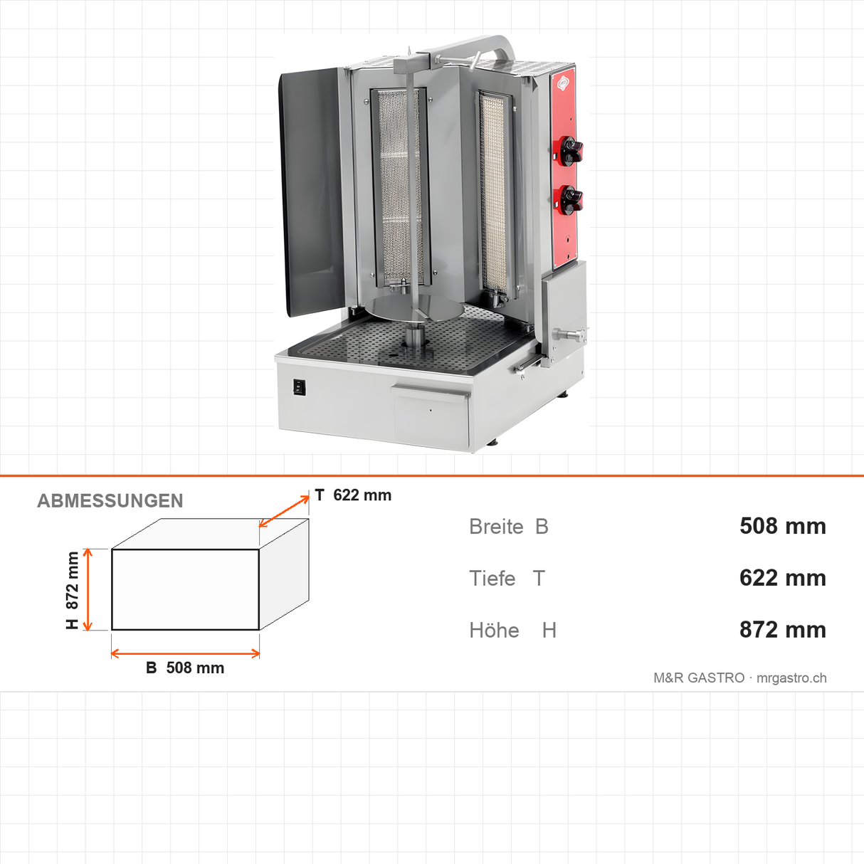 Gas-Dönergrill, Motor unten, 2 Brenner, 8 kW, 508×622×872 mm – Abmessungen