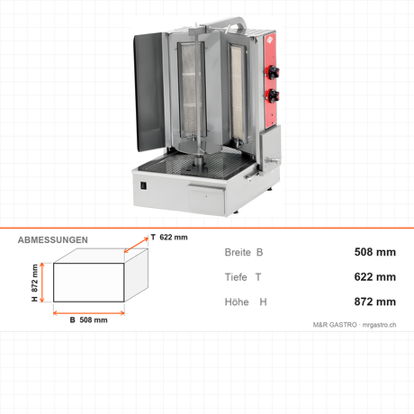 Gas-Dönergrill, Motor unten, 2 Brenner, 8 kW, 508×622×872 mm – Abmessungen