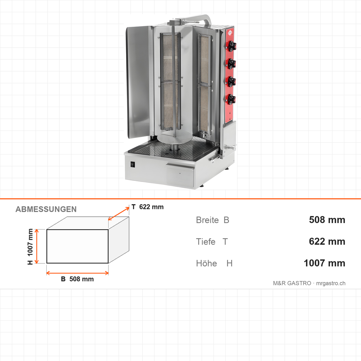 Gas-Dönergrill, Motor unten, 4 Brenner, 10 kW, 508×622×1007 mm – Abmessungen