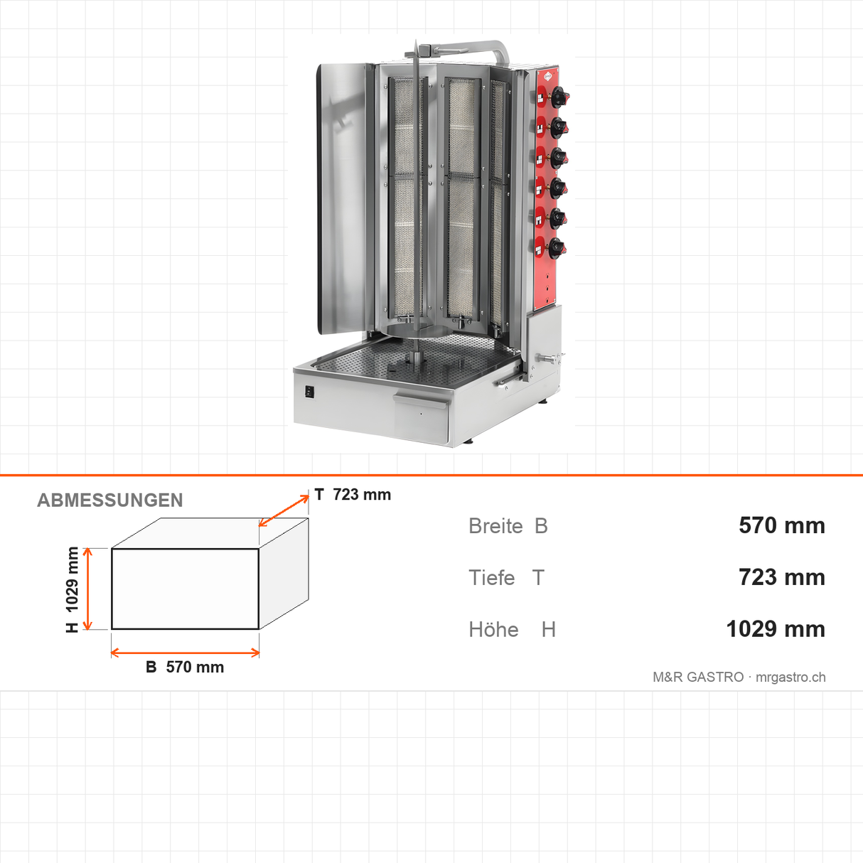 Gas-Dönergrill, Motor unten, 6 Brenner, 19,5 kW, 570×723×1029 mm – Abmessungen