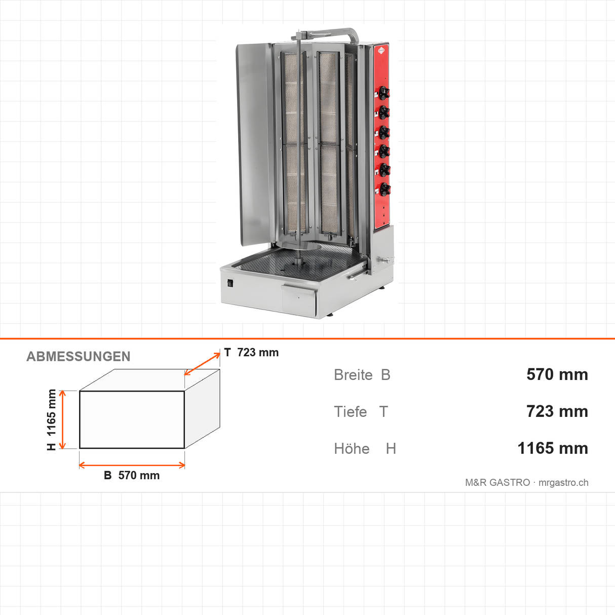 Gas-Dönergrill, Motor unten, 6 Brenner, 24 kW, 570×723×1165 mm – Abmessungen