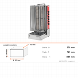 Gas-Dönergrill, Motor unten, 6 Brenner, 24 kW, 570×723×1165 mm – Abmessungen