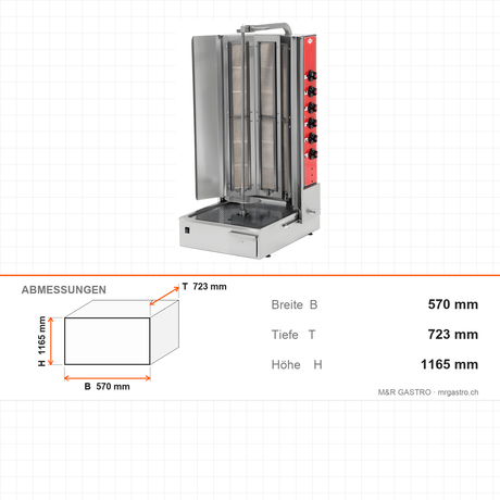 Gas-Dönergrill, Motor unten, 6 Brenner, 24 kW, 570×723×1165 mm – Abmessungen