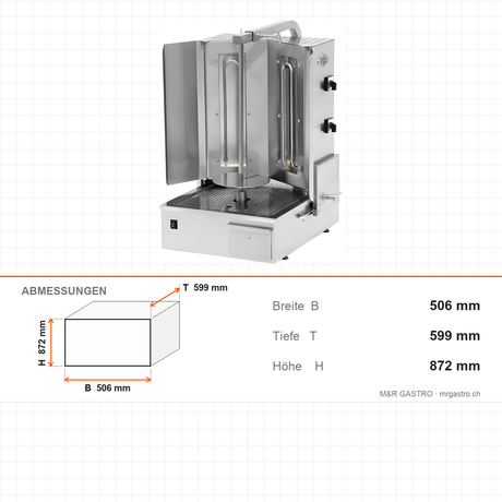 Elektro-Dönergrill, Motor unten, 2 Heizstufen, 3 kW, 506×599×872 mm – Abmessungen