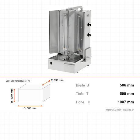 Elektro-Dönergrill, Motor unten, 2 Heizstufen, 5 kW, 506×599×1007 mm – Abmessungen