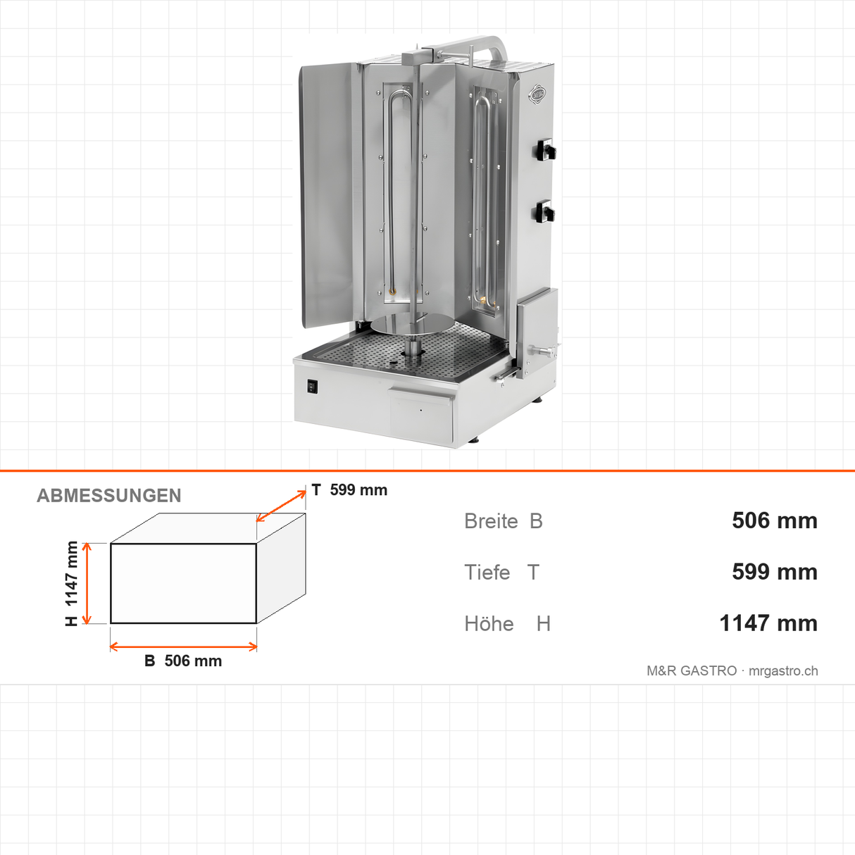 Elektro-Dönergrill, Motor unten, 2 Heizstufen, 6 kW, 506×599×1147 mm – Abmessungen