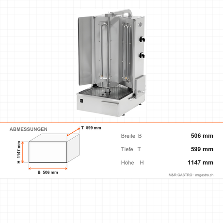 Elektro-Dönergrill, Motor unten, 2 Heizstufen, 6 kW, 506×599×1147 mm – Abmessungen
