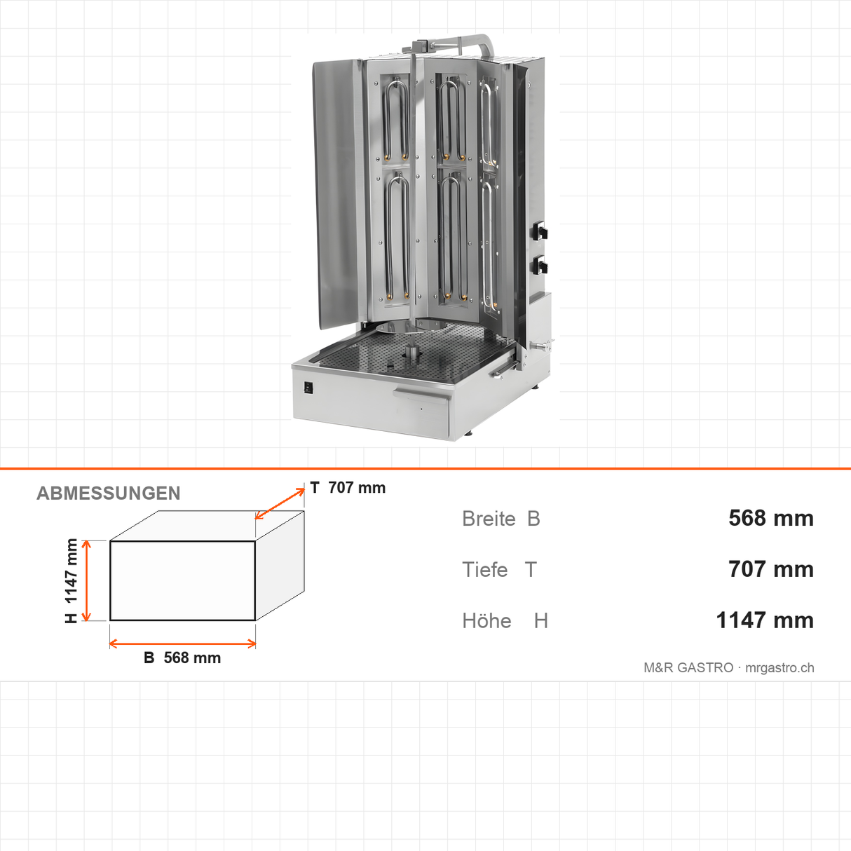 Elektro-Dönergrill, Motor unten, 2 Heizstufen, 8,1 kW, 568×707×1147 mm – Abmessungen