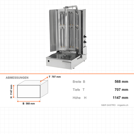 Elektro-Dönergrill, Motor unten, 2 Heizstufen, 8,1 kW, 568×707×1147 mm – Abmessungen