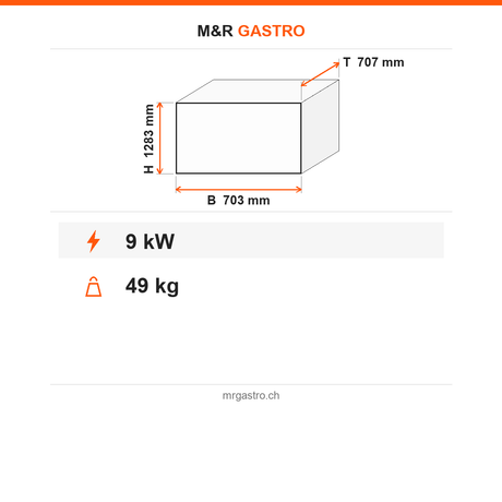 Elektro-Dönergrill, Motor unten, 2 Heizstufen, 9 kW, 703×707×1283 mm – Technische Daten