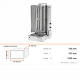Elektro-Dönergrill, Motor unten, 2 Heizstufen, 9 kW, 703×707×1283 mm – Abmessungen
